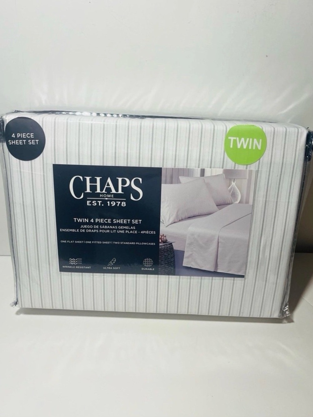 Chaps Twin Size 4 Piece Sheet Set Gray and White Pinstripes